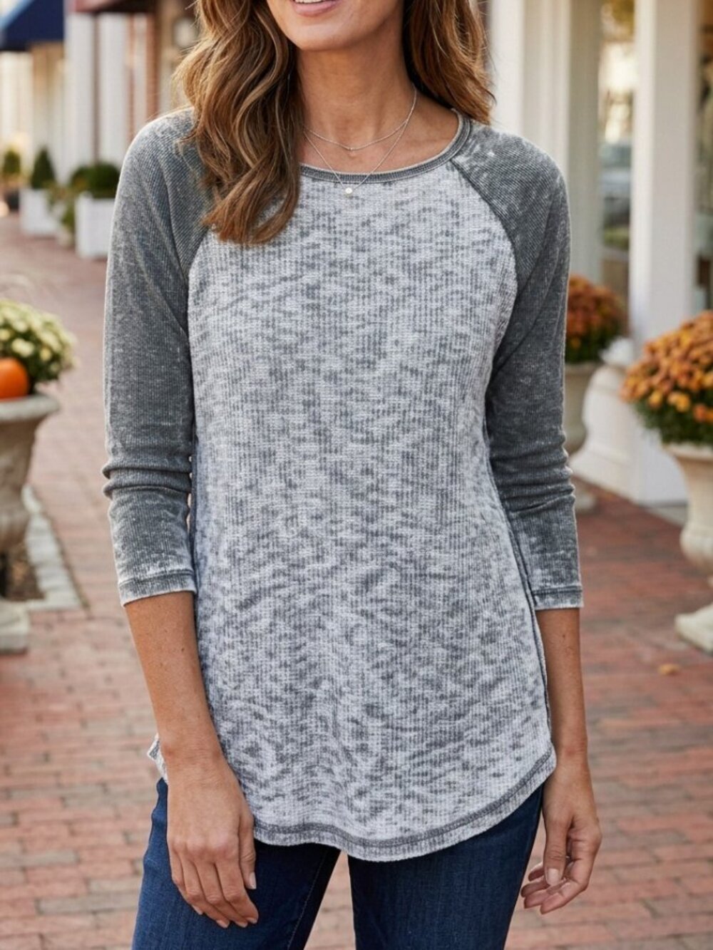 SOFT SURROUNDINGS GRAY BURNOUT BASEBALL LONG SLEEVE TOP